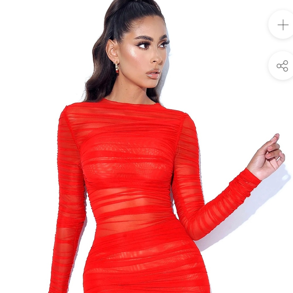Jimena Red Ruched Mesh Long Sleeve Dress